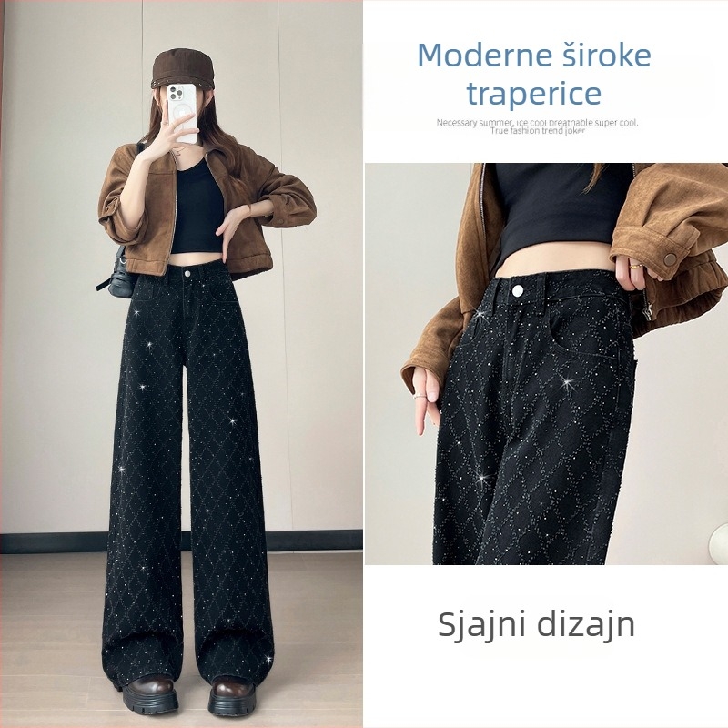 Traperice visokog struka od denima, rhinestones (hotfix), široke nogavice, 50–70% pamuka