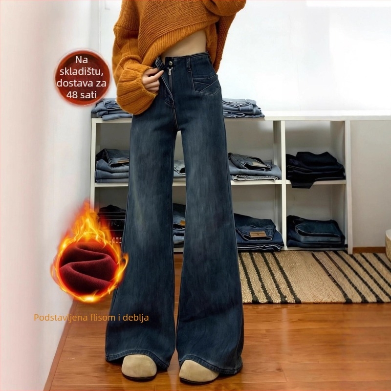 Ženske traperice od denima, široke nogavice, visok struk, podstavljene fleeceom