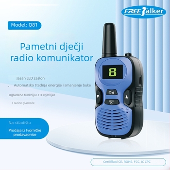 Dječji pametni walkie-talkie | 8–10 kanala, 400–470 MHz, <0,5 W, domet 1,5–3 km, napajanje 4,5 V