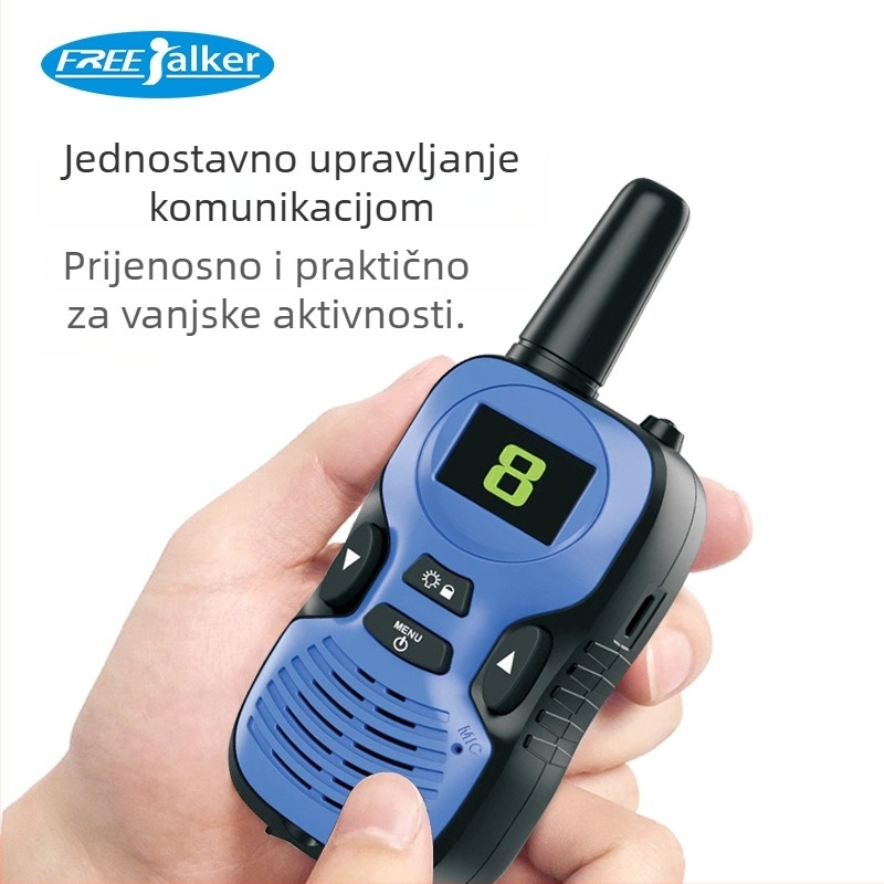 Dječji pametni walkie-talkie | 8–10 kanala, 400–470 MHz, <0,5 W, domet 1,5–3 km, napajanje 4,5 V