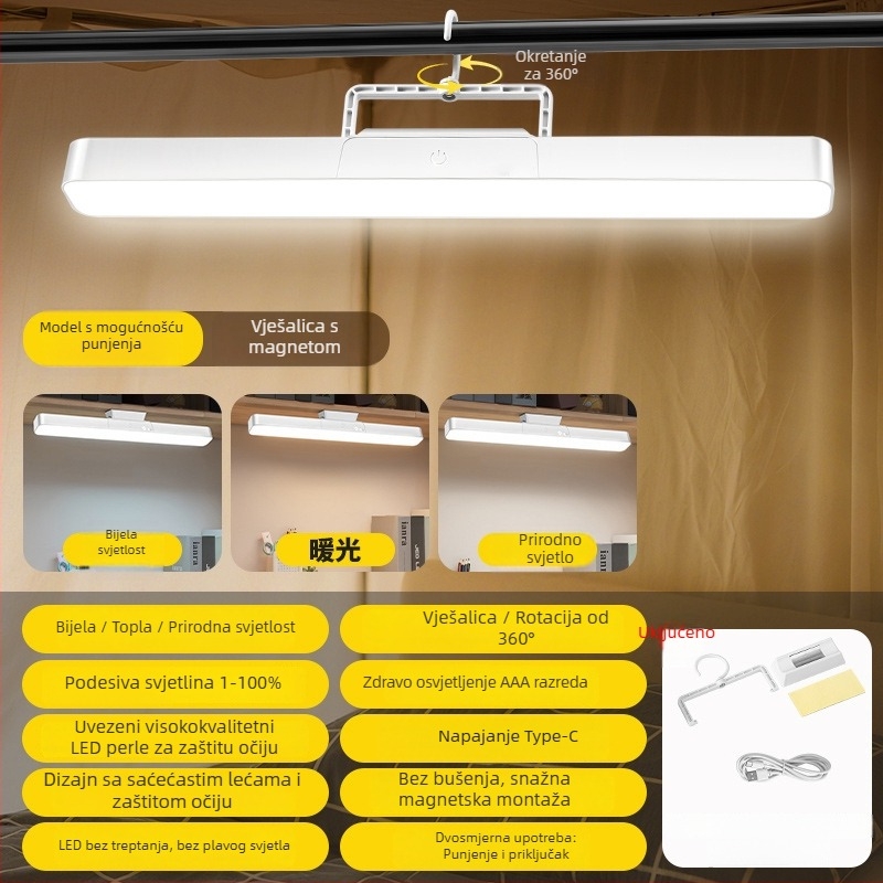 LED stolna lampa s magnetskim zakačivanjem, dodirni upravljač, ugrađena litijska baterija, osvjetljenje za učenje, CRI ≥90, 1–10W, plastično sjenilo