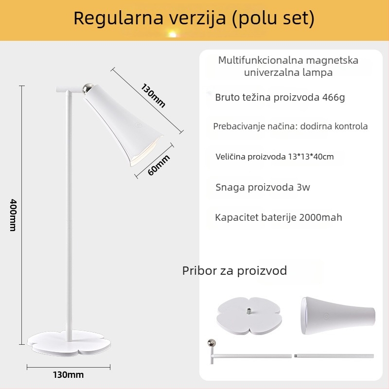 LED lampica za zaštitu očiju 3-u-1 s magnetskim klipom, punjiva, dodirni upravljač, stolna lampica za učenje, 5W, CRI≥95
