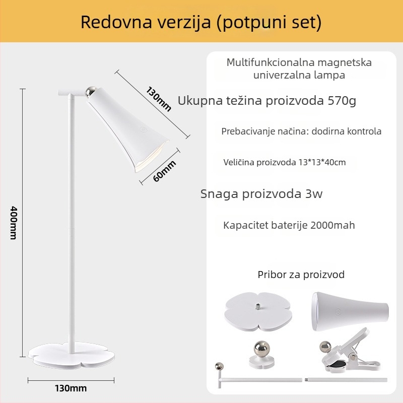 LED lampica za zaštitu očiju 3-u-1 s magnetskim klipom, punjiva, dodirni upravljač, stolna lampica za učenje, 5W, CRI≥95