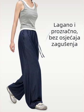 Traperice: široke nogavice, ravni kroj, elastičan pojas, mješavina Tencel (Lyocell) i poliestera, završno pranje