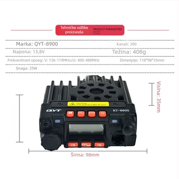 Automobilska radio-stanica QYT KT8900 visoke snage za samostalna putovanja i komunikaciju na terenu; raspon frekvencija 136-174/400-480MHz, 25W, 200 kanala, domet 5–10 km, napajanje 13,8V iz cigarete