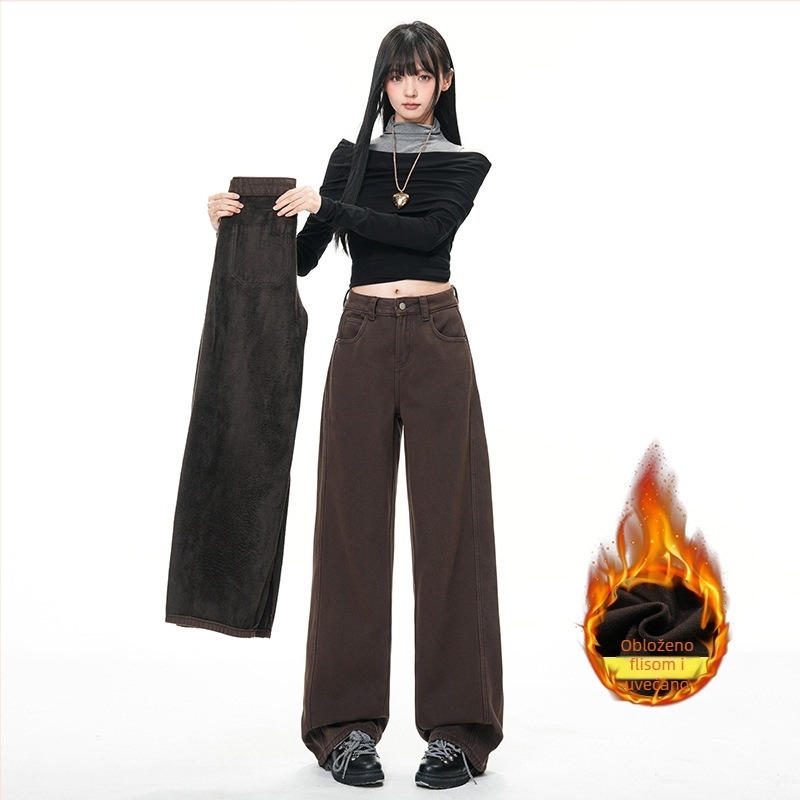 Džins hlače od denima s visokim strukom i širokim krojem, s debelim velurom podstavom, zima 2025