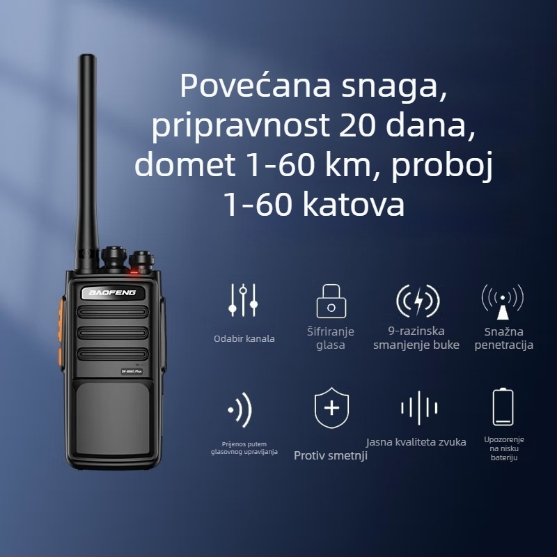 Baofeng BF-888S Plus prijenosni radio-komunikator – analogni interkom, 16 kanala, 403–470 MHz, 5W, domet 3–5 km, Li-ion baterija 3800 mAh