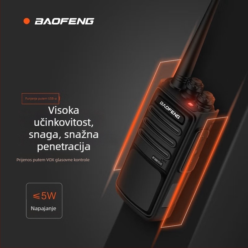 Baofeng BF-888S Plus prijenosni radio-komunikator – analogni interkom, 16 kanala, 403–470 MHz, 5W, domet 3–5 km, Li-ion baterija 3800 mAh