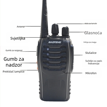 Baofeng BF-888S ručni radio, 16 kanala, domet 1,5–3 km, RF izlaz 5W, litij baterija 1000 mAh