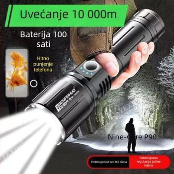 Ručna svjetiljka od aluminijskog legura s laserskim izvorom svjetla — punjiva, duga dometa, napajana baterijom.