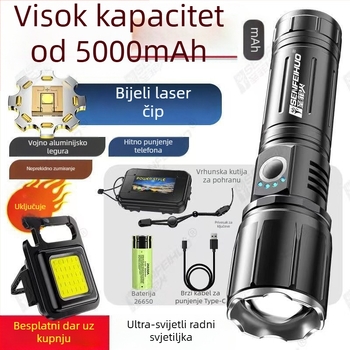 Ručna svjetiljka od aluminijskog legura s laserskim izvorom svjetla — punjiva, duga dometa, napajana baterijom.