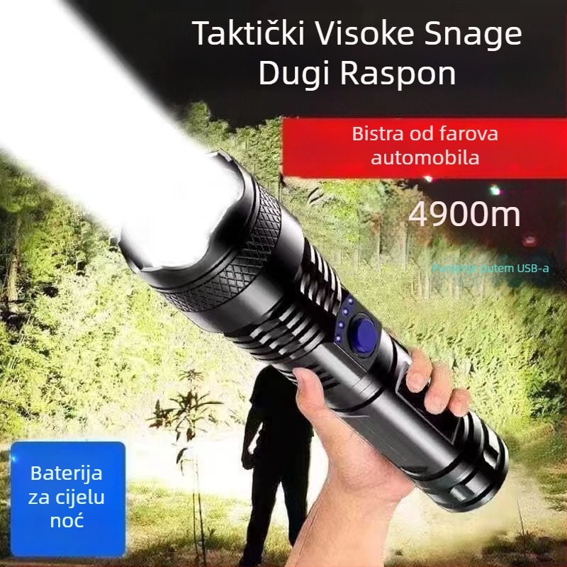 Ručna svjetiljka od aluminijskog legura s laserskim izvorom svjetla — punjiva, duga dometa, napajana baterijom.