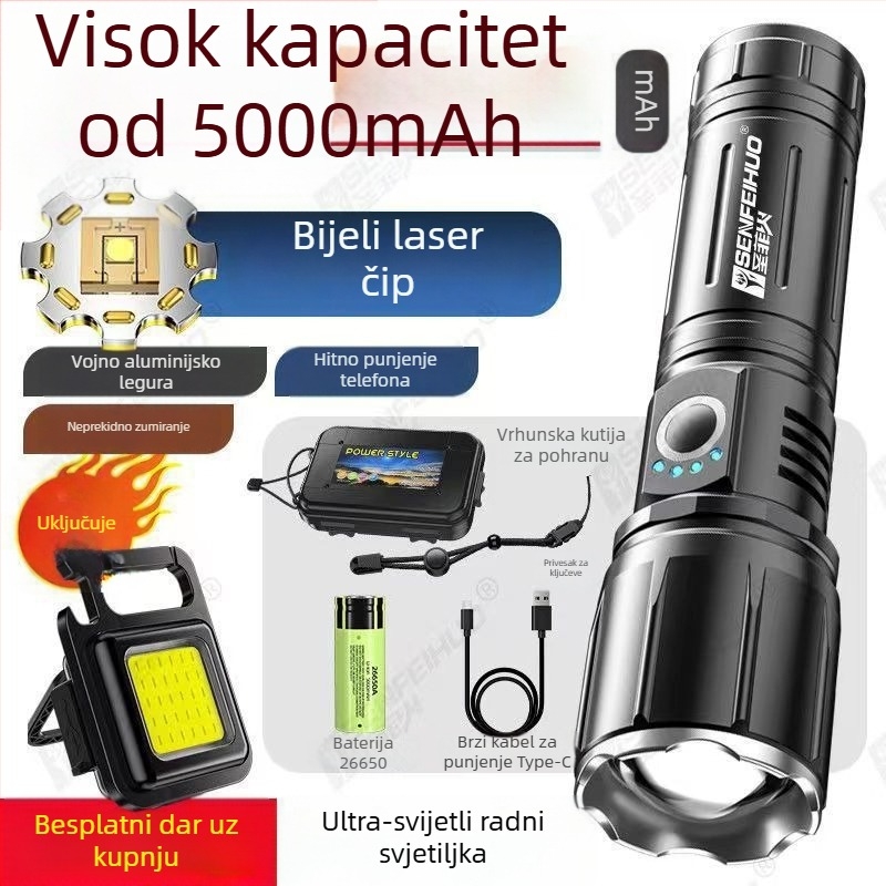Ručna svjetiljka od aluminijskog legura s laserskim izvorom svjetla — punjiva, duga dometa, napajana baterijom.
