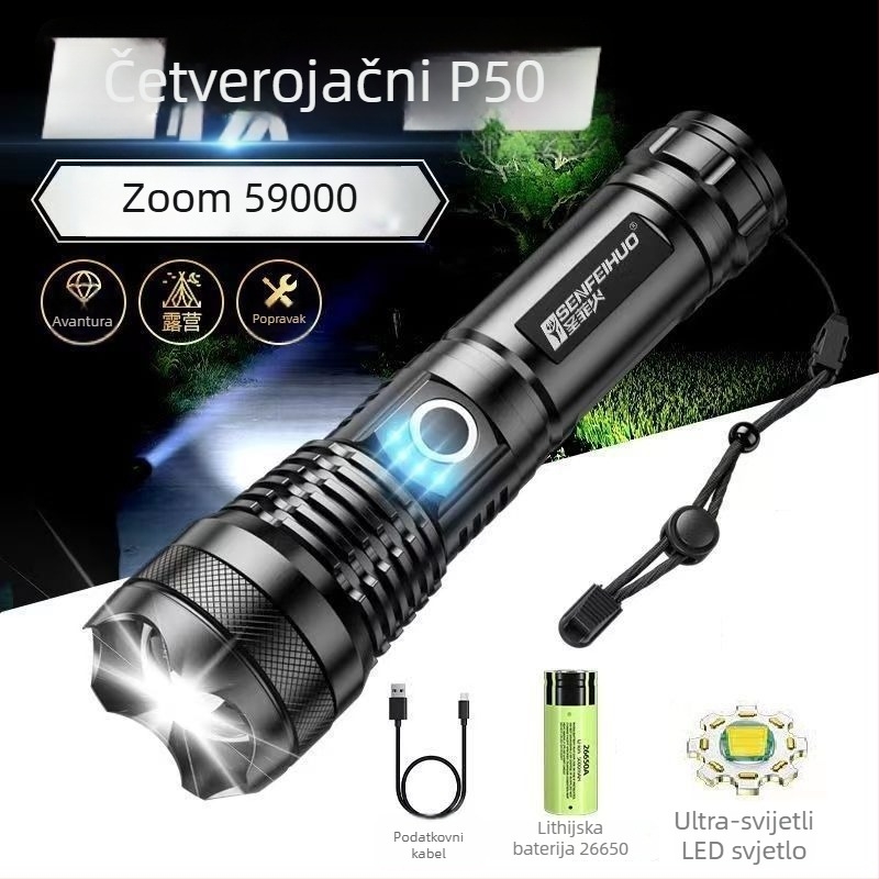 Ručna svjetiljka od aluminijskog legura s laserskim izvorom svjetla — punjiva, duga dometa, napajana baterijom.