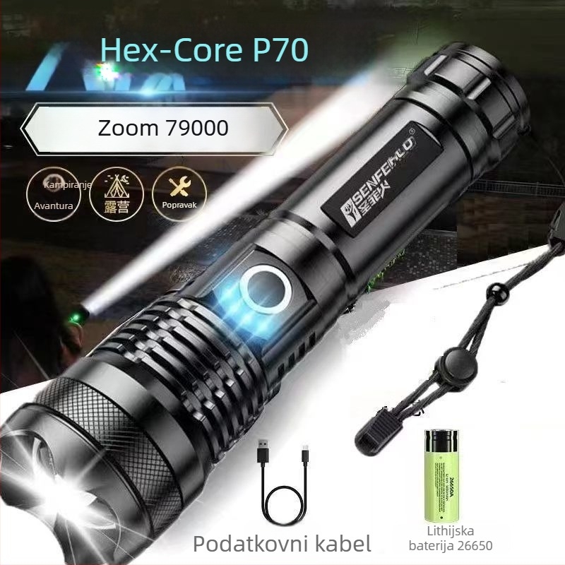 Ručna svjetiljka od aluminijskog legura s laserskim izvorom svjetla — punjiva, duga dometa, napajana baterijom.