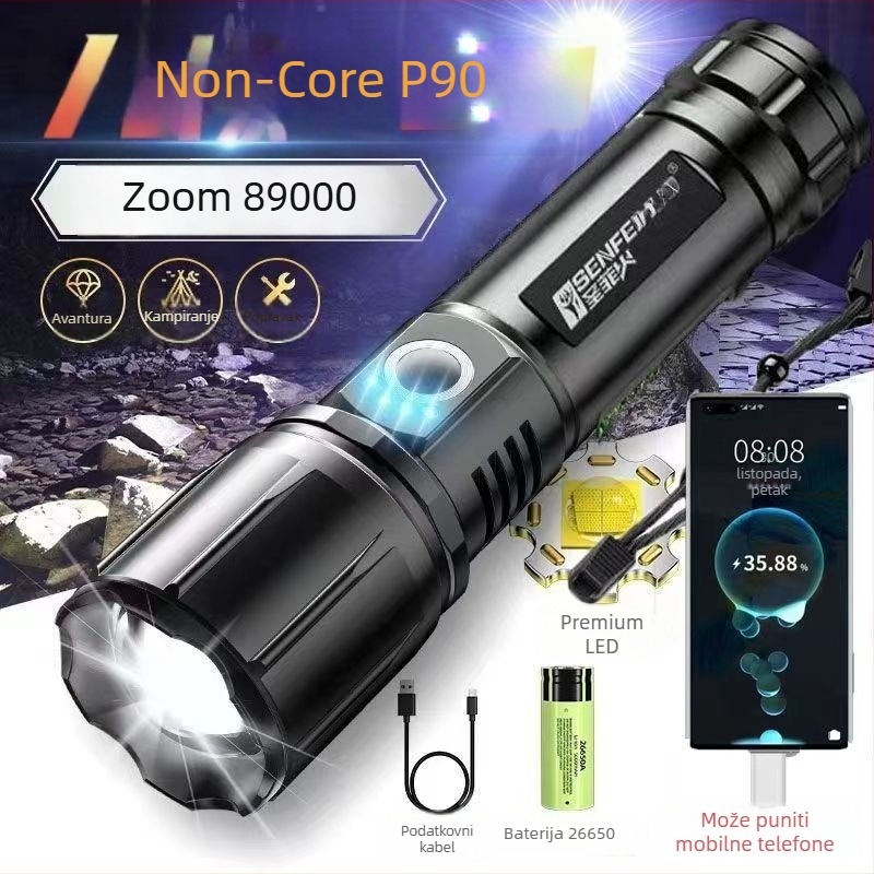 Ručna svjetiljka od aluminijskog legura s laserskim izvorom svjetla — punjiva, duga dometa, napajana baterijom.