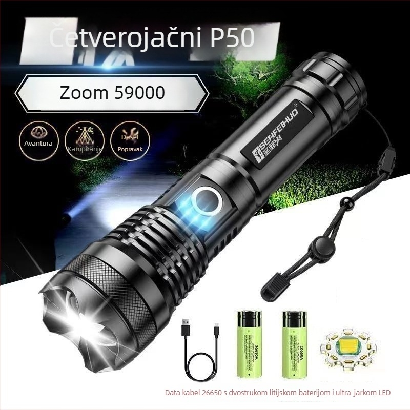 Ručna svjetiljka od aluminijskog legura s laserskim izvorom svjetla — punjiva, duga dometa, napajana baterijom.