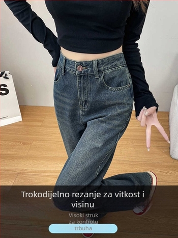 Ženske traperice od denima, visoki struk, široko krojenje, pamut‑poliester smjesa, elegantan gradski stil, proljeće 2025