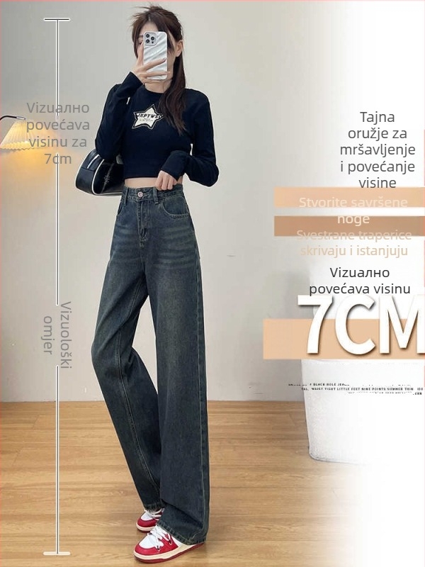 Ženske traperice od denima, visoki struk, široko krojenje, pamut‑poliester smjesa, elegantan gradski stil, proljeće 2025