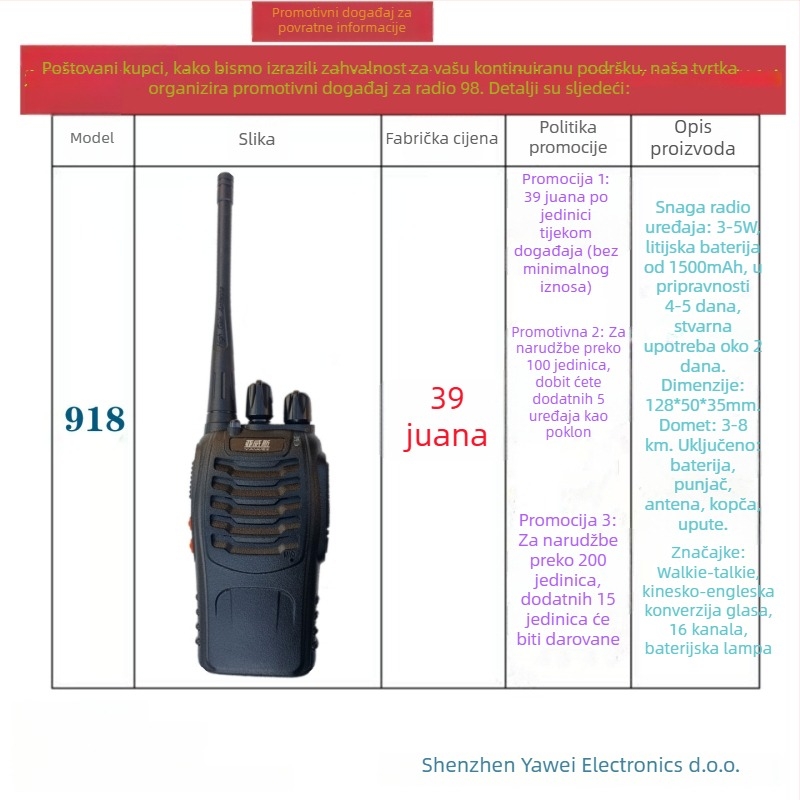 Ručni Walkie-Talkie radio, 16 kanala, domet 3–5 km, otporno na prašinu, litijeva baterija 1500 mAh