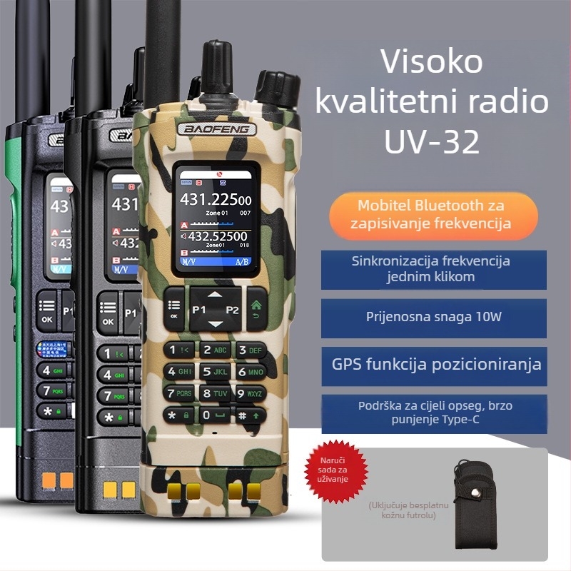Baofeng UV-32Pro ručni radio, visoka snaga, Bluetooth programiranje frekvencija, APRS GPS, domet 3–5 km, Li-ion baterija 2500 mAh