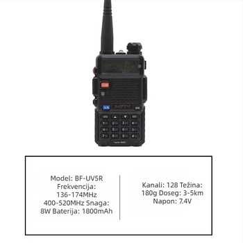 Baofeng BF-UV5R ručni radio | 8W izlazne snage | 136–174/400–520 MHz | 128 kanala | domet 5–10 km | baterija 1800 mAh