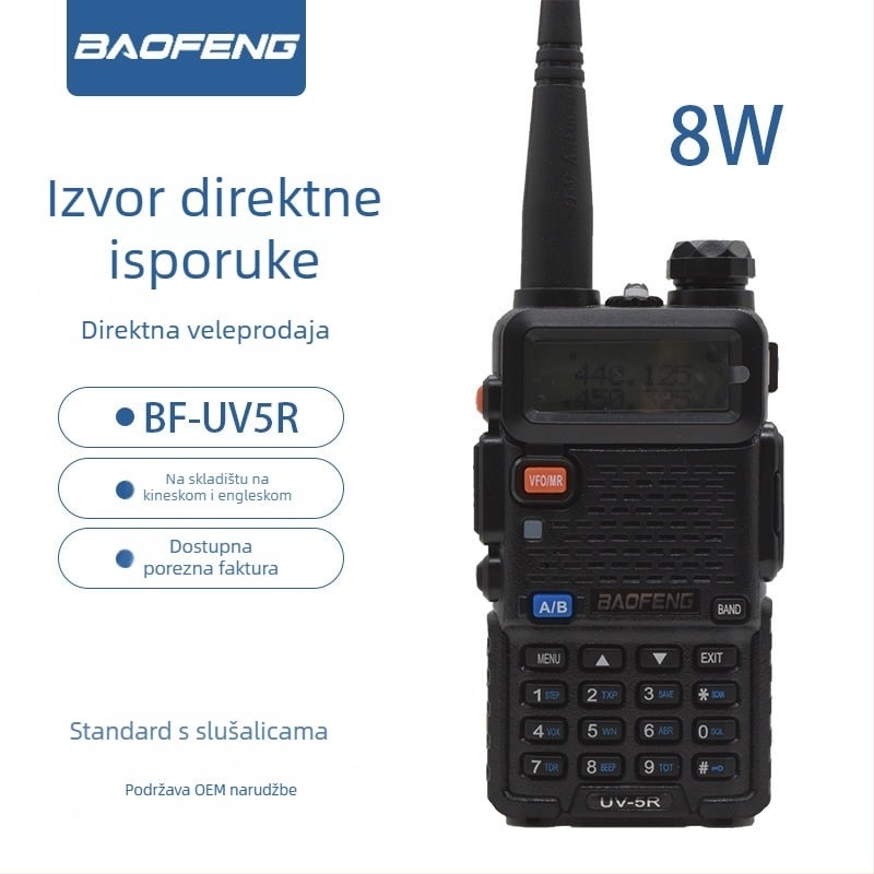 Baofeng BF-UV5R ručni radio | 8W izlazne snage | 136–174/400–520 MHz | 128 kanala | domet 5–10 km | baterija 1800 mAh