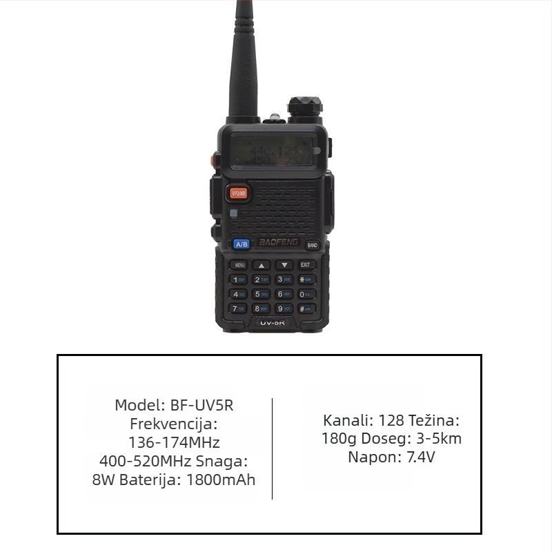 Baofeng BF-UV5R ručni radio | 8W izlazne snage | 136–174/400–520 MHz | 128 kanala | domet 5–10 km | baterija 1800 mAh