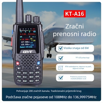 Ručni radio QYT KT-A16 za avijaciju — raspon frekvencija 118–136.9975 MHz, 200 kanala, izlazna snaga 6 W, domet 5–10 km, s zaslonom