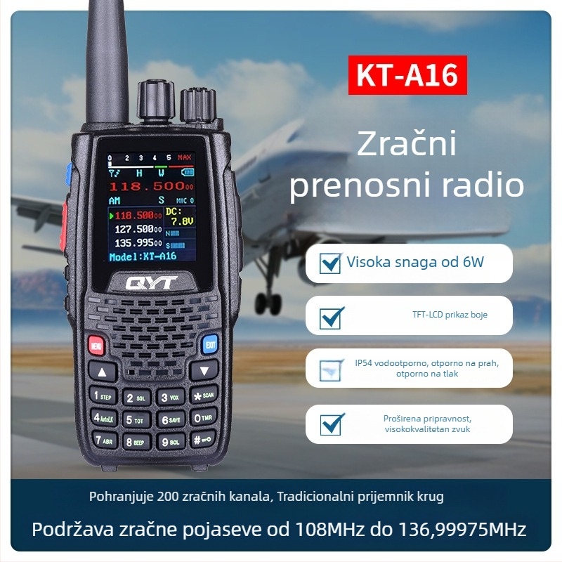 Ručni radio QYT KT-A16 za avijaciju — raspon frekvencija 118–136.9975 MHz, 200 kanala, izlazna snaga 6 W, domet 5–10 km, s zaslonom