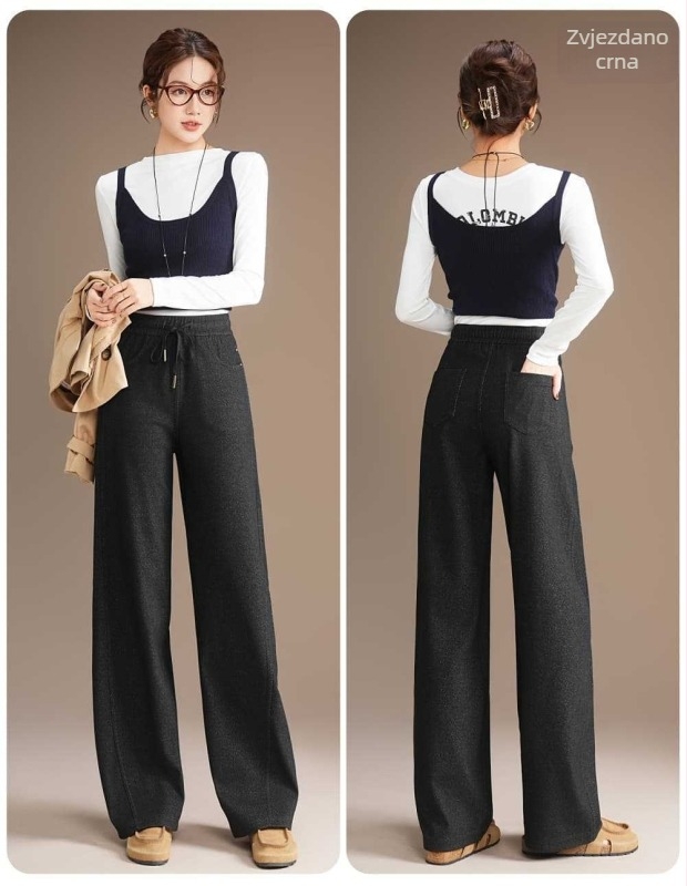 Knitted denim wide-leg pants s jacquard uzorkom zvjezdane noći, visokim strukom, casual stil za jesen/zimu