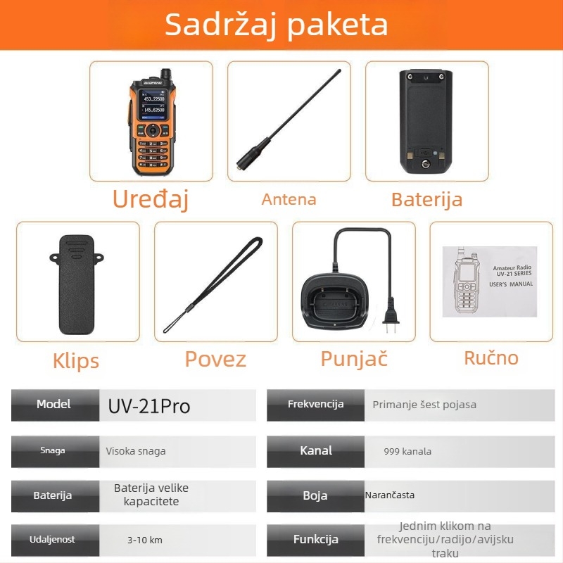 Baofeng UV21PRO UV dvodijelni ručni radio, 5W, 999 kanala, 136-174/400-520 MHz, 2800mAh baterija, s zaslonom
