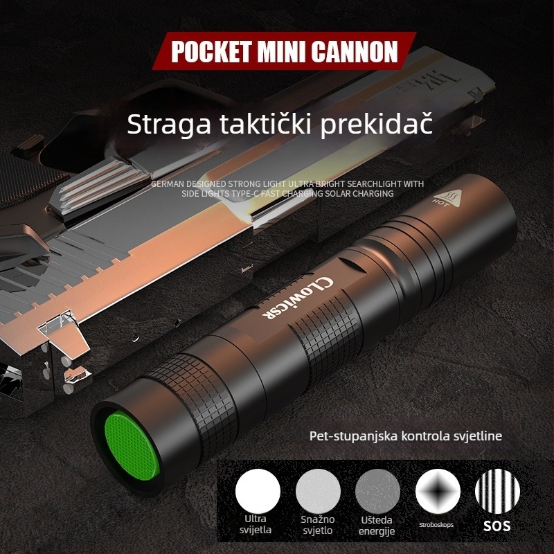 Prijenosna punjiva svjetiljka, tijelo od aluminijeve legure, 2600mAh baterija, 15W, ručno punjenje, domet 100–200m