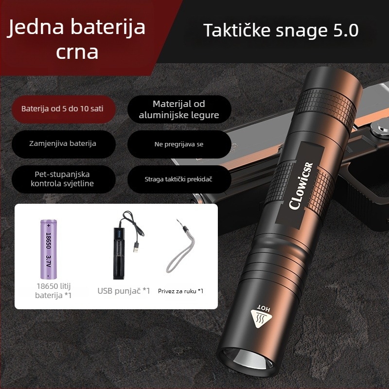 Prijenosna punjiva svjetiljka, tijelo od aluminijeve legure, 2600mAh baterija, 15W, ručno punjenje, domet 100–200m