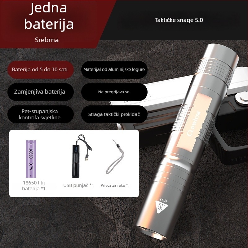 Prijenosna punjiva svjetiljka, tijelo od aluminijeve legure, 2600mAh baterija, 15W, ručno punjenje, domet 100–200m