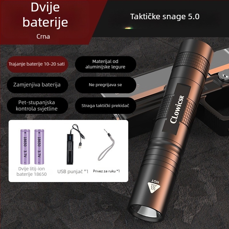 Prijenosna punjiva svjetiljka, tijelo od aluminijeve legure, 2600mAh baterija, 15W, ručno punjenje, domet 100–200m