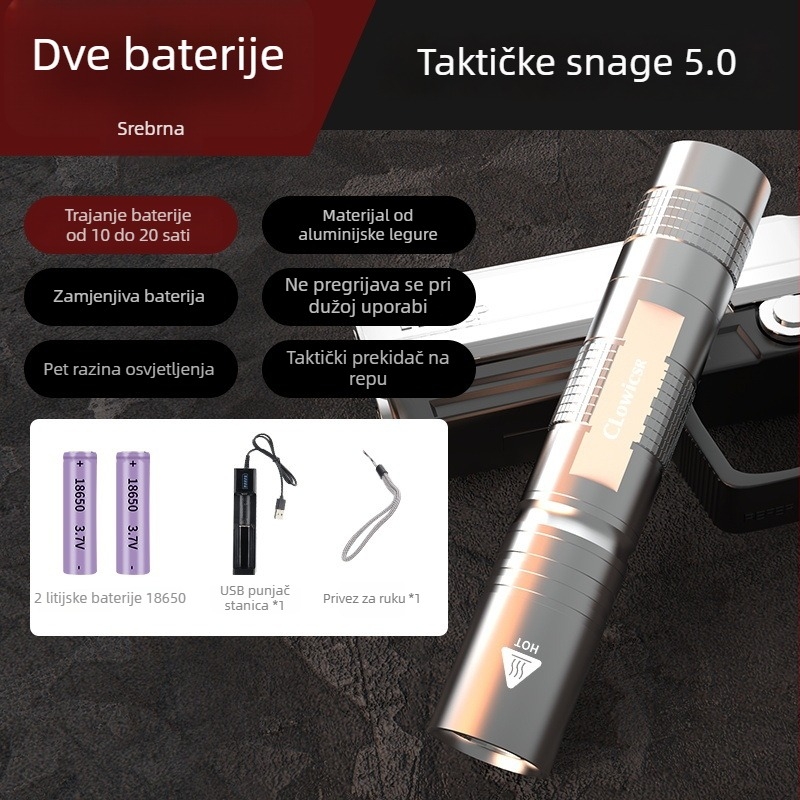 Prijenosna punjiva svjetiljka, tijelo od aluminijeve legure, 2600mAh baterija, 15W, ručno punjenje, domet 100–200m