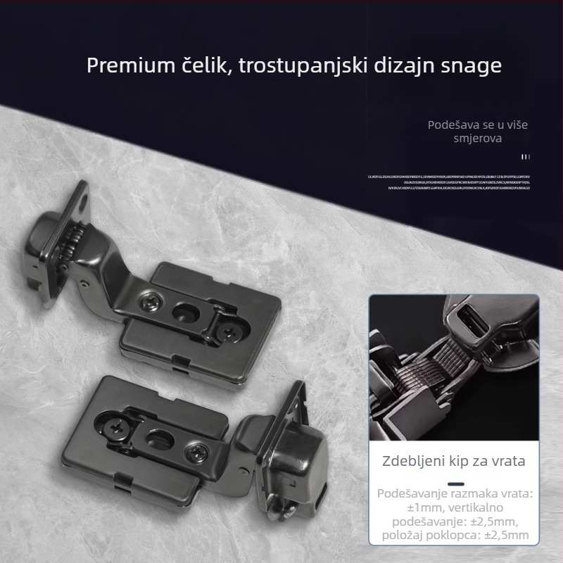 Ultra-tanke šarke za ormarske i garderobne vrata s kratkim rukom, hidrauličko tlumenje, ugrađene i podesive; Materijal: hladno valjani čelik; Premaz: elektrogalvaniziranje