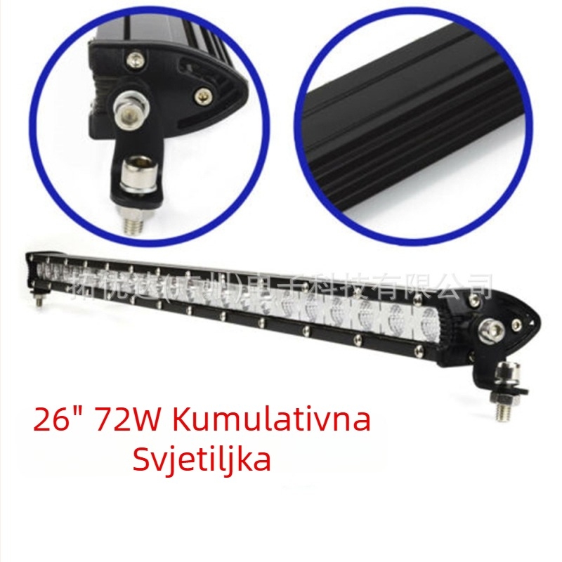 Automobilska LED traka – aluminijsko kućište, ulaz 9–60V, snaga 18–72W, izlaz 1100–3500 lm, vijek trajanja 20000 h, radno svjetlo u jednoj nizu