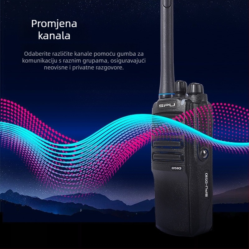 Profesionalna ručna digitalna interkom jedinica: velika snaga, dugi domet, dugotrajna baterija, jak zvuk, otporna na padove; 32 kanala, 400–470 MHz, teoretska udaljenost 3–5, radno napajanje 7.4 V, LiPo baterija