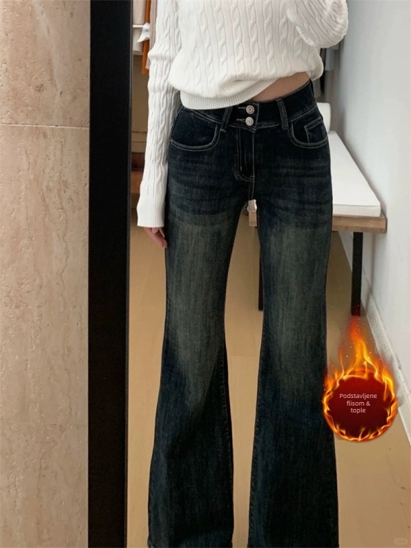 Ženske bootcut traperice s visokim strukom, mikroelastične, debela tkanina, mješavina denim pamuka i poliestera