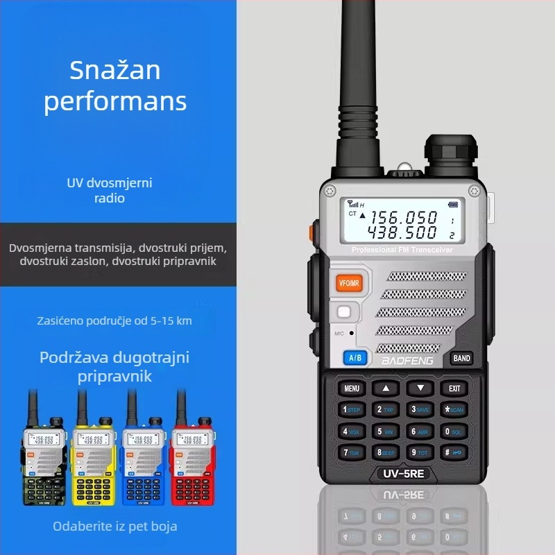 Baofeng UV-5RE dvobandni ručni radio, domet 5–10 km, Li‑ion baterija 5000 mAh, otporan na prašinu