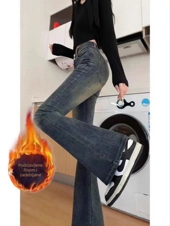 Džinsi visokog struka s visokim krojem, denim s 50-70% pamuka i 30-50% poliestera, mikro-elastični, fleece podstava, debeli, zima 2025