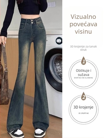 Džinsi visokog struka s visokim krojem, denim s 50-70% pamuka i 30-50% poliestera, mikro-elastični, fleece podstava, debeli, zima 2025