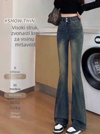 Džinsi visokog struka s visokim krojem, denim s 50-70% pamuka i 30-50% poliestera, mikro-elastični, fleece podstava, debeli, zima 2025