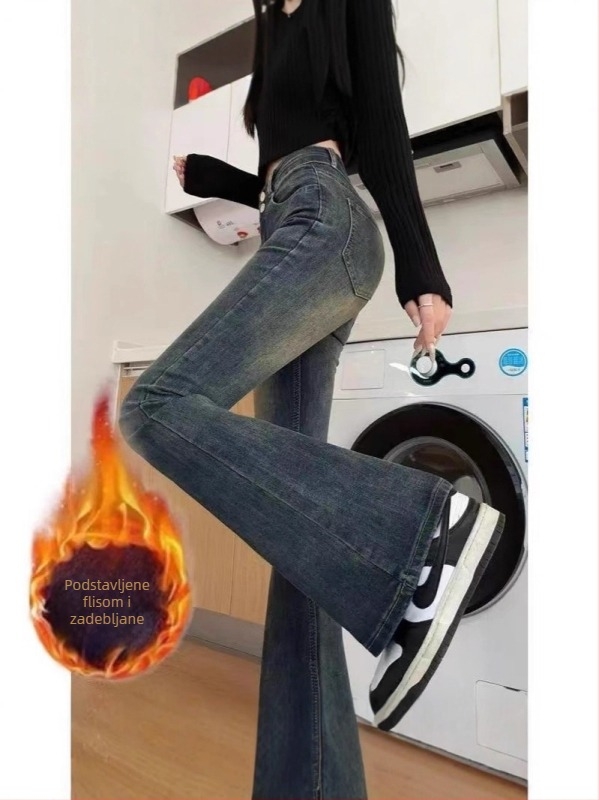Džinsi visokog struka s visokim krojem, denim s 50-70% pamuka i 30-50% poliestera, mikro-elastični, fleece podstava, debeli, zima 2025