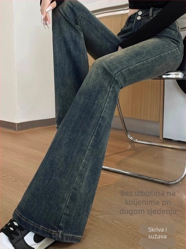 Džinsi visokog struka s visokim krojem, denim s 50-70% pamuka i 30-50% poliestera, mikro-elastični, fleece podstava, debeli, zima 2025
