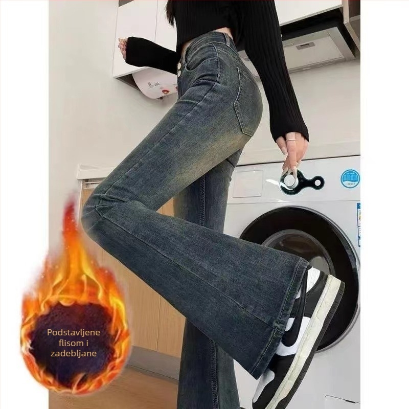 Džinsi visokog struka s visokim krojem, denim s 50-70% pamuka i 30-50% poliestera, mikro-elastični, fleece podstava, debeli, zima 2025