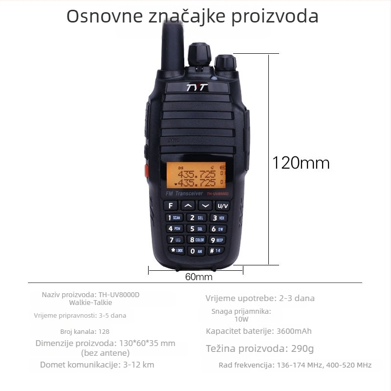 TYT TH-UV8000D vanjski analogni radio-komunikator visokog kapaciteta, dvostrani zaslon, 128 kanala, 10W izlaz, litijska baterija 2200 mAh