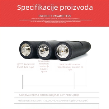 Baofeng sklopiva antena za radio, protiv smetnji, raspon frekvencija 136-520, domet ispod 1,5 km, impedancija 50, dobitak 3,5, bez baterija